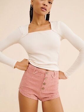Free People High-Waist Gingham Button-Front Micro Shorts - Red and White